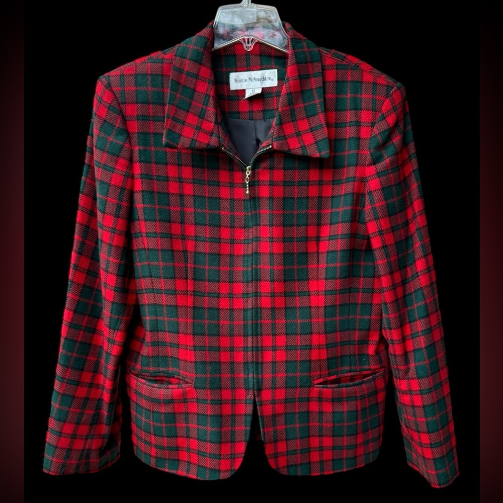 Classic Tartan Plaid Lined Wool Zip Up Blazer, Red, Green, Christmas, Vintage